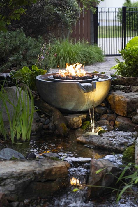 The Fire and Water Spillway Bowl combines elements for an impressive feature in the yard. Use in a pond or as a standalone recirculating fountain. Fountain In Landscape, Diy Fire And Water Feature Outdoor, Fire And Water Fountain, Water Gardens Backyard, Homemade Fountains, Water And Fire Feature, Fire Fountain, Backyard Water Features, Tudor Garden