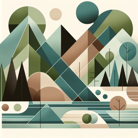 Geometric Landscape Canvas Geometrical Composition Design, Art Using Geometric Shapes, Aesthetic Geometric Art, Drawing Using Geometric Shapes, Geometric Abstract Art Painting, Square Composition Art, Triangle Abstract Art, Geometric Landscape Art, Abstract Tree Drawing