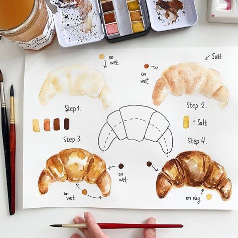 🖌WATERCOLOR BLOG#1🖌 on Instagram: “Delicious croissant step by step by @dearannart Amazing art! Agree? YES\NO Best watercolor: @watercolor_guide Use our tag:…” Watercolour Food, Watercolor Food Illustration, Food Watercolor, Food Tutorials, Watercolor Pencil Art, Food Art Painting, Best Watercolor, Watercolor Blog, Fruits Drawing