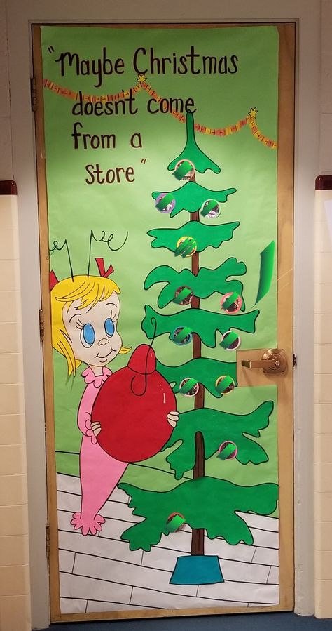 Dr Seuss Christmas Door Decorations, Grinch Preschool Door, Christmas Grinch Classroom Door, Prek Christmas Door Ideas, Who Ville Door Decoration, Rudolph Door Decorations For School, Whoville Classroom Door Decorations, I Want A Hippopotamus For Christmas Door, Cindy Lou Who Door Decoration