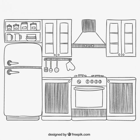 Hand drawn kitchen Free Vector Simple Kitchen Drawing, Kitchen Drawing Easy, Kitchen Drawing Ideas, Vector House, Home Equipment, Kitchen Drawing, House Colouring Pages, Quiet Book Patterns, Paper Doll House