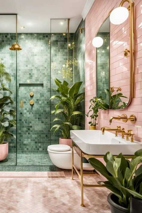 Pink Tiled Bathroom, Baie Vintage, Tiled Bathroom, Green Tile Bathroom, Bathroom Design Decor, Bathroom Inspiration Decor, Bathroom Inspo, Green Bathroom, Dream House Interior