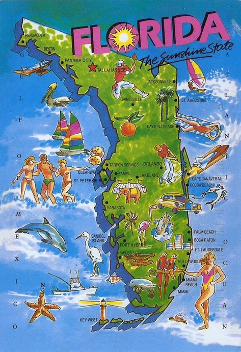 Florida--Capital Tallahassee--27th to join union on March 3, 1845--The Sunshine… Palm Beach Island, Map Of Florida, Florida Girl, Florida Living, Cocoa Beach, Voyage Europe, Old Florida, Vintage Florida, State Of Florida