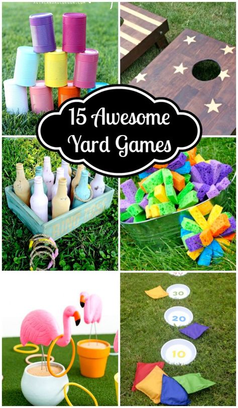 These 15 Awesome Yard Games look like so much fun. So many great ideas, most of them with DIY instructions. Yard Games For Kids, Field Day Games, Garden Party Games, Diy Yard Games, Outdoor Party Games, Diy Carnival, Garden Games, Outdoor Games For Kids, Yard Games