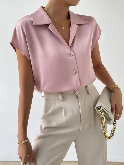 Chic Tops Classy, Satin Top Outfit Classy, Pink Blouses Outfit, Satin Shirts For Women, Satin Shirt Outfit, Satin Top Blouses, Pink Shirt Outfit, Satin Blouse Outfit, Satin Shirts