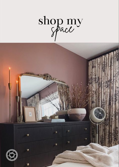 Tap to shop my moody feminine mauve small guest bedroom featuring an ikea dresser hack vintage fan Arhaus amelie mirror and Benjamin Moore Barberry wall paint. Mauve Bedroom Ideas Modern, Dusty Rose Guest Bedroom, Bedroom Mauve Walls, Dusty Pink And Black Bedroom, Barberry Benjamin Moore Bedroom, Dusty Rose Pink Bedroom, Dusty Mauve Bedroom Walls, Burgundy Guest Bedroom, Mauve Guest Bedroom