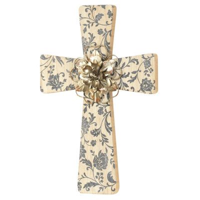 Wood Wall Cross With Floral Design. Metal Flower At Center. Height Of Cross Is 15.5in. | Red Barrel Studio® Metal w / Wood Cross Wall Decor in Brown / Gray / Yellow, Size 15.75 H x 11.0 W x 1.5 D in | Wayfair | Home Decor Cross Walls, Tree Branch Wall Decor, Wood Wall Cross, Spiritual Wall Decor, World Map Wall Decor, Cross Wall Art, Flower Brown, Tree Branch Wall, Padded Wall