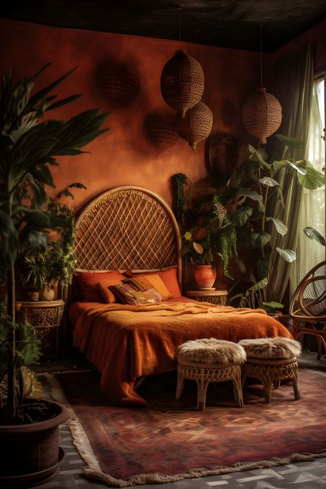 a boho quirky orange room. lots of plants, a knitted orange blanket with a woven style bed. 2 fur seats at the end and a red retro carpet. Funky Bedroom Decor Bohemian, Sultry Boho Bedroom, Bedroom Decor Artistic, Cozy Quirky Bedroom, Orange Eclectic Bedroom, Boho Bedroom Orange And Green, Colorful Eccentric Decor, Antique Earthy Bedroom, Unique Cozy Home