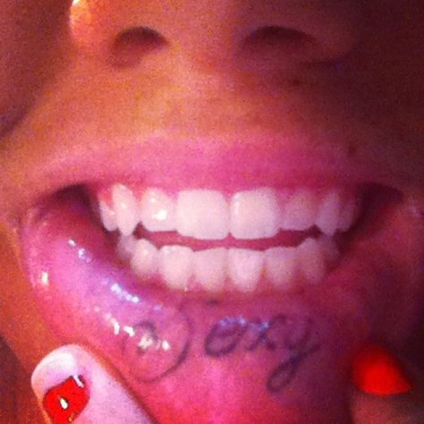 My Lip tattoo ;) Bite Me Lip Tattoo, Lower Lip Tattoo, Lip Tattoo Aesthetic, Under Lip Tattoo, Lip Tats, Inside Lip Tattoos, Dream Piercings, Inner Lip Tattoo, Piercing Types