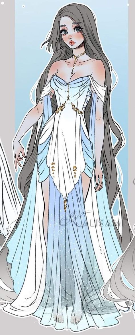 Fairy Oc Female, Evil Queen Drawing Character Design, Goddess Oc Outfit, Princess Dresses Drawing Reference, Queen Clothes Drawing, Fantasy Dress Drawing Queens, Celestial Witch Art, Atlantis Outfit Ideas, Water Themed Outfits Drawing