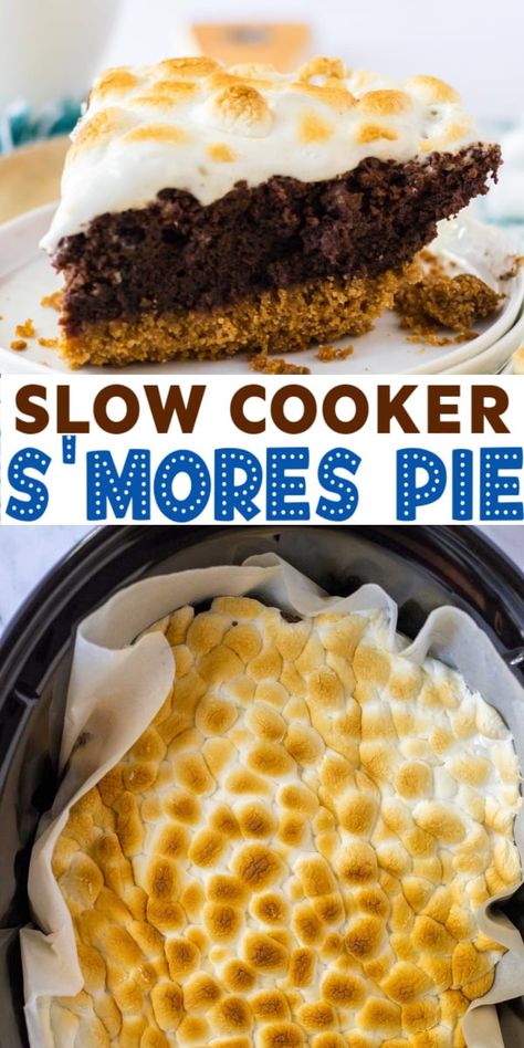 The best s'mores brownie pie! Make it in a slow cooker with just a few minutes of work! S’mores Pie, Crockpot Desserts, Brownie Pie, Dump Cakes, Best Chocolate Desserts, Thanksgiving 2024, Crock Pot Desserts, Junior Prom, Easy Party Food