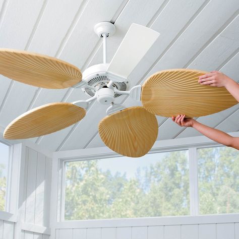 Love the look of a tropical ceiling fan but don't want to buy a whole new fixture? Now you can get the look of a palm leaf ceiling fan just by covering your standard fan blades with these palm blades! Beach Ceiling, Ceiling Fan Blade Covers, Tropical Ceiling Fans, Leaf Ceiling, Decorative Ceiling Fans, Popular Interior Design, Florida Room, Diy Ceiling, Tropical Home Decor