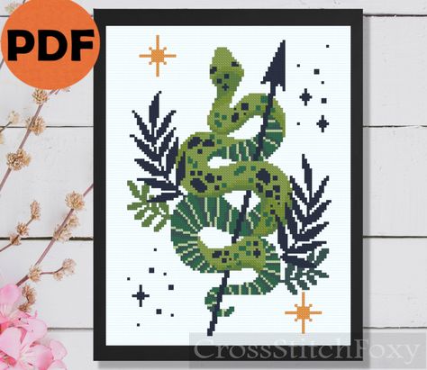 Snake Cross Stitch, Witchy Cross Stitch, Mystical Snake, Boho Cross, Animal Spirit, Animal Cross Stitch Patterns, Cross Stitch Animals, Boho Patterns, Cross Stitch Flowers