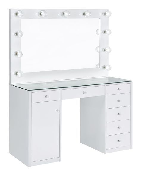 PRICES MAY VARY. 46.5 inches wide x 18.5 inches deep x 61.5 inches high The epitome of Hollywood glam, this vanity will be the perfect upgrade for any home Modern white finish matched fantastically with crystal knobs Features seven drawers with full extension glides and a storage cabinet with an adjustable shelf Glass Top Vanity, Bedroom Vanities, Bedroom Vanity Set, Glam Office, Desk Vanity, Closet Vanity, Purple Room, Dream Bedrooms, White Room Decor