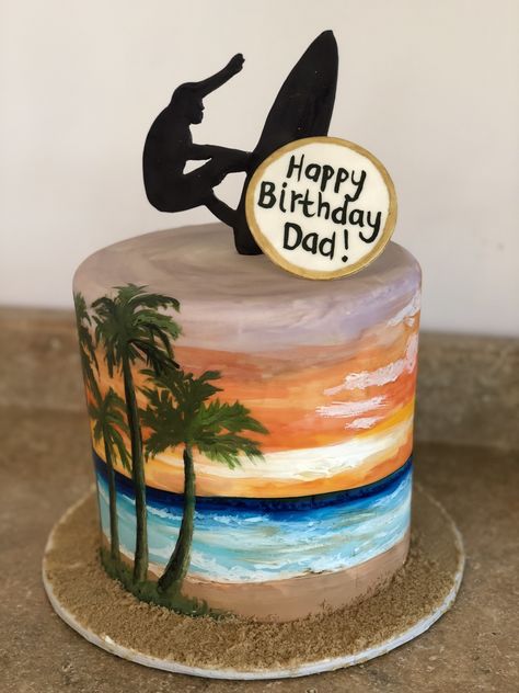 Surfer/Beach themed cake Surfing Cake Ideas, Surfer Cake Ideas, Surfer Birthday Cake, Surf Cake Ideas, Surf Birthday Cake, Surfing Cake, Surfer Cake, Palm Tree Cakes, Beach Birthday Cake