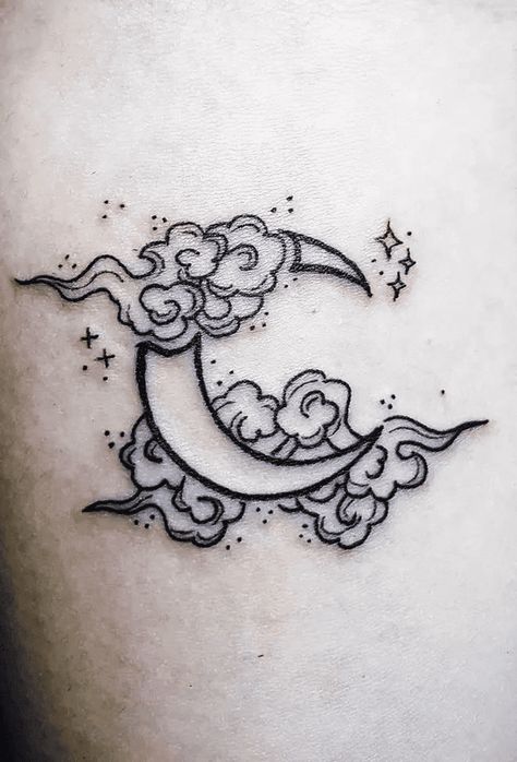 Moon Tattoo Design Images (Moon Ink Design Ideas) Japanese Crescent Moon Tattoo, Celestial Moon Tattoo Designs, Celestial Crescent Moon Tattoo, Simple Half Moon Tattoo, Subtle Dnd Tattoo, Easy Moon Tattoo Designs, Moon And Clouds Tattoo Design, Womens Moon Tattoos, Tattoo Ideas For Men Moon