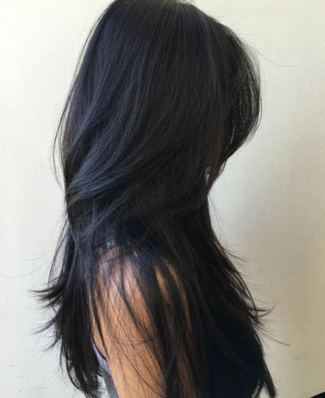 Long Black Layered Hairstyle Cute Layered Hairstyles, Cuts For Long Hair, Straight Layered Hair, Layered Hairstyles, Vlasové Trendy, Long Layered Haircuts, Different Hair, Makijaż Smokey Eye, Long Black Hair