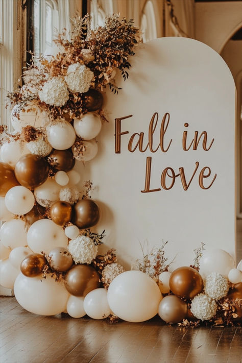 Boho Fall Wedding Shower Decorations, Fall In Love Theme Engagement Party, Pumpkin Bachelorette Party, Neutral Fall Bridal Shower Decor, Fall Engagement Decor, Fall Wedding Balloon Arch, Bridal Shower Ideas For Fall, Bridal Shower Themes October, Fall In Love Shower Theme