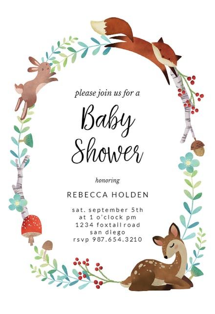 Woodland Animal Wreath - Invitación Para Baby Shower Gratis | Greetings Island Baby Shower Greetings, Woodland Theme Baby, Woodland Creatures Baby Shower, Baby Shower Invitations Design, Animal Baby Shower Invitations, Greetings Island, Free Baby Shower, Baby Shower Woodland Theme, Woodland Baby Shower Invitations