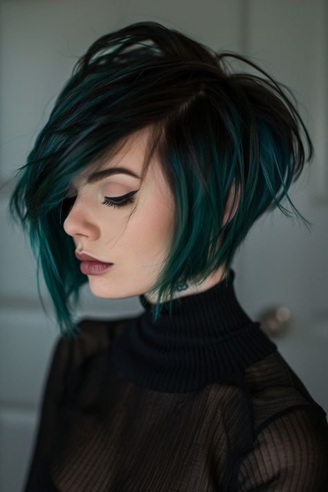 41+ Bixie (Pixie Bob) Haircut Ideas Curly Bob Hair Color Ideas, Over 30 Haircut, Hair Colour Ideas For Pixie Hair, Sleek Asymmetrical Bob, Teal Short Hair, Dark Green Short Hair, Green And Silver Hair, Bixie Colour Haircut 2024, Asymmetrical Pixie Edgy