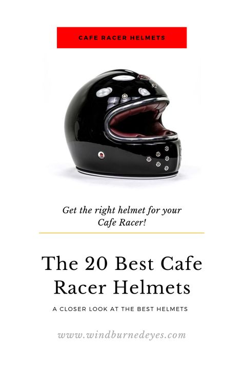 Don't jump on your cafe racer with any old helmet. You need a helmet that's as stylish and well-crafted as your motorcycle. Luckily there are helmets out there designed specifically for cafe racer riders. I've rounded them up and given my thoughts on the top 20 best cafe racer helmets out there. #caferacer #caferacerlife #caferacerlifestyle #caferacergear #caferacerhelmet #caferacerhelmets #motoryclegear #motorcyclehelmets #motorcycle #motorcycles #helmets #helmet #bikerhelmet #bikerhelmets Cafe Racer Helmet Vintage, Vintage Helmet Motorcycle, Retro Helmets Motorcycle, Cafe Racer Outfit Men, Retro Bike Helmet, Classic Motorcycle Helmet, Bobber Helmets, Cruiser Motorcycle Helmet, Classic Helmet