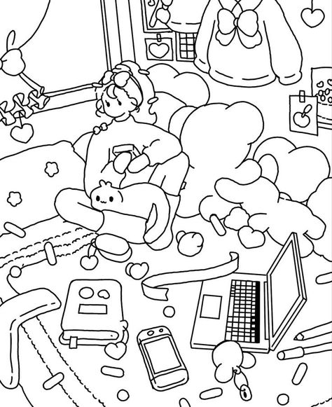 Aethstetic Coloring Pages, Charibo Art Coloring Pages, Korean Coloring Pages, Pretty Coloring Pages, Aesthetic Coloring Sheets, Cute Aesthetic Coloring Pages, Charibo Art, Y2k Coloring Pages, Anime Coloring Pages