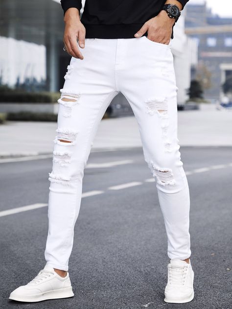 Blanco  Collar  Mezclilla Liso Pantalón pitillo Embellished Elástico Alto  Mezclilla para hombre Denim Outfit Men, White Ripped Jeans, White Jeans Outfit, Stretch Denim Pants, Men Plus Size, Mens Loungewear, Novelty Clothing, Long Jeans, Big And Tall Outfits