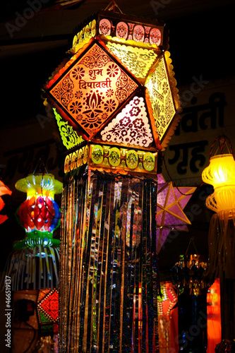 Stock Image: Pune, Maharashtra, India, Oct. 30, 2021 - Colorful traditional Lanterns in Various Shapes Akash kandil (Diwali decorative lamps) Hang out side shop for sale celebrating Diwali Festival. Diwali Lights Decoration House Outside, Diwali Lighting Ideas Outdoor, Diwali Kandil Ideas, Akash Kandil Ideas, Diwali Lighting Ideas, Kandil For Diwali, Diwali Lights Decoration House, Lanterns Aesthetic, Lantern Diwali