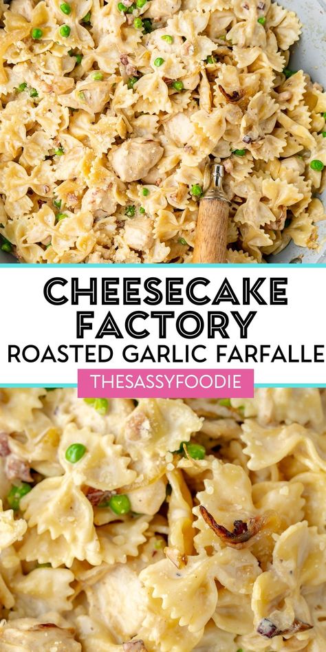 When the craving for restaurant favorites hits, this farfalle with chicken & roasted garlic is the solution! This creamy, dreamy pasta is a Cheesecake Factory favorite, but is incredibly easy and quick to make at home. Packed with salty pancetta, sweet caramelized onions, and luscious roasted garlic, this pasta dish truly has it all! Farfalle Pasta Recipes, Cheesecake Factory Pasta, Farfalle Recipes, Cake Pizza, Chicken Roasted, Blueberry Topping, Pizza Sandwich, Pasta Food, Dinner Ideas Healthy