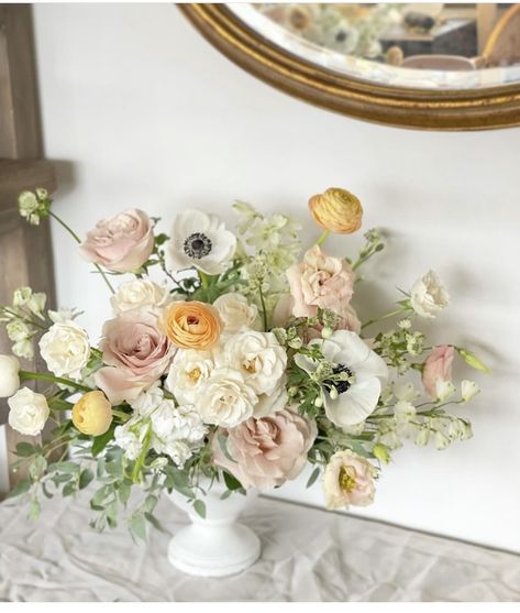 Blush And Green Floral Arrangements, Light And Airy Wedding Florals, Muted Pastel Color Palette Wedding, Wedding Flower Color Schemes, Blush Flower Arrangements, Honeysuckle Wedding, Whimsical Flower Arrangements, Pastel Centerpieces, August Wedding Flowers