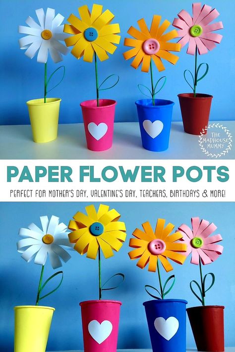 Craft Paper Design, Pot Craft, Easy Mother's Day Crafts, Plant Crafts, Rose Crafts, Flower Pot Crafts, Paper Flower Crafts, Mothers Day Crafts For Kids, Paper Flowers Craft