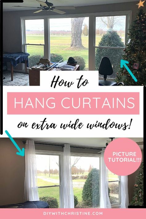 Kitchen Window To Living Room, Wide Window Curtains, How To Hang Curtains, Hanging Curtain Rods, French Curtains, Ikea Curtains, Drop Cloth Curtains, Living Room Decor Curtains, Wide Windows