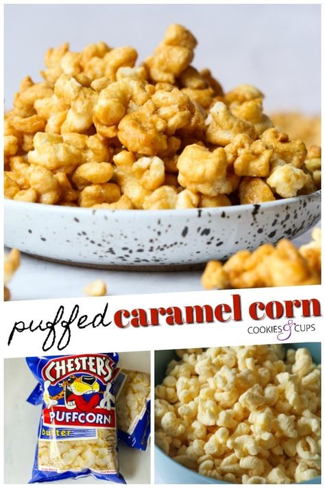 Puffed Caramel Corn is the most insanely addictive snack ever! Perfectly combining salty and sweet, you will be obsessed with this easy twist on caramel corn! #cookiesandcups #caramelcorn #puffcorn #puffedcaramelcorn #snackrecipe Caramel Puffed Corn Recipe, Puffed Corn Recipes, Caramel Puff Corn, Puff Corn, Popcorn Recipes Easy, Caramel Corn Recipes, Corn Puffs, Buttered Corn, Puff Recipe