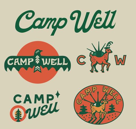 Kate Libby | Graphic Designer | Some mo Camp Well exploration done in collaboration and creative direction by @faceplantcreative . . . . #branding #brandingdesign… | Instagram Camp Logo Vintage, Hiking Design Graphic, Camping Logo Design Ideas, Summer Camp Graphic Design, Nostalgic Graphic Design, Outdoor Brand Logo, Summer Camp Branding, Camp Graphic Design, Camping Branding