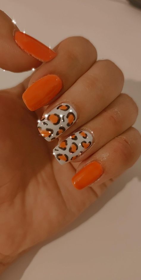 Neon Cheetah Nail Designs, Cheata Nails Acrylic, Neon Lepord Print Nails, Orange Animal Print Nails, Orange Cheetah Nails, Orange Leopard Nails, Orange Holiday Nails, Wild Nails, Pink Bling Nails