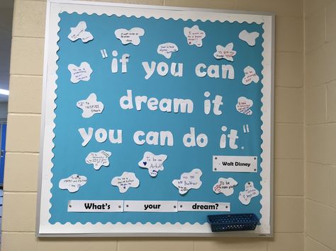 Elementary School Bulletin Board #RHMS #privateschool #montessori #bulletin #board #bulletinboard #teacher #teaching #teachers #student #students #studentlife #inspire #inspiration #education #quotes #waltdisney #disney #dreams #dream #believeinyourself #dreambig #elementary #kids #children #learning #ideas Elementary School Bulletin Boards, Motivational Bulletin Boards, Inspirational Bulletin Boards, 2024 Classroom, Work Bulletin Boards, 2023 School, Work Quotes Inspirational, Teacher Teaching, Teaching Teachers