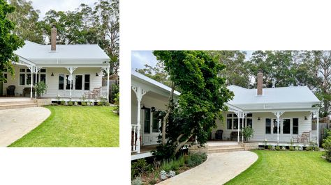 Antique White Usa, Dulux Natural White, Marble Benchtop, Authentic Farmhouse, Leadlight Windows, Victorian Exterior, Front Verandah, Provincial Home, Wrought Iron Chairs