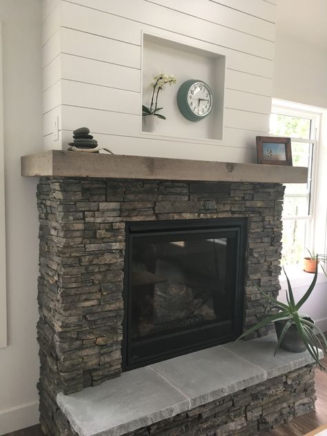 Shiplap And Rock Fireplace Wall, Fireplace With Stacked Stone, Grey Fireplace Wood Mantle, Black Stone And Shiplap Fireplace, Wood Fireplace Makeover Ideas, Stone Farmhouse Fireplace, Composite Stone Fireplace, Rock Fireplace With Shiplap, Fireplaces With Shiplap And Stone