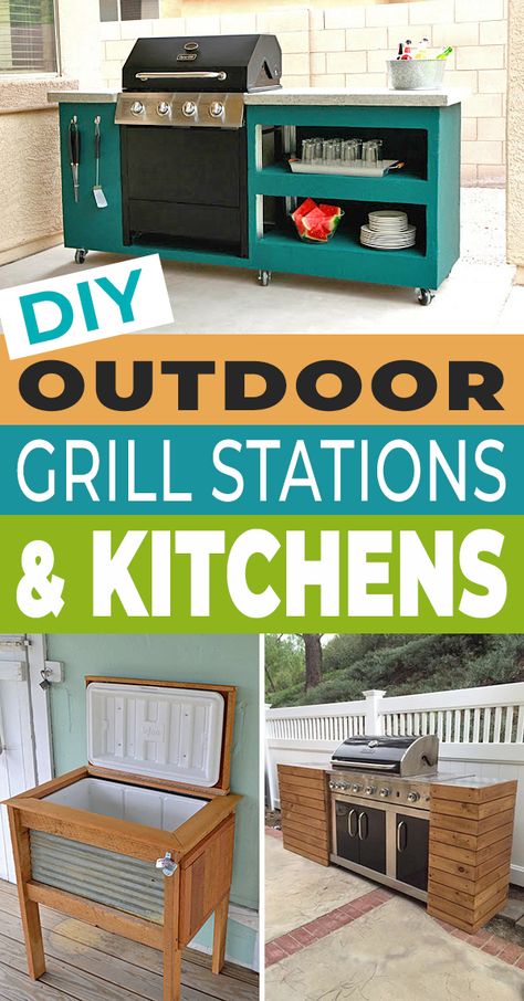 Mobile Outdoor Grill Station, Build Outdoor Kitchen Around Grill, Bbq Station Diy, Outdoor Bbq Prep Table Diy, Outdoor Grill Countertop Ideas, How To Build A Grill Station, Outdoor Blackstone Grill Station, Wood Outdoor Kitchen Diy, Outdoor Grill Station Patio