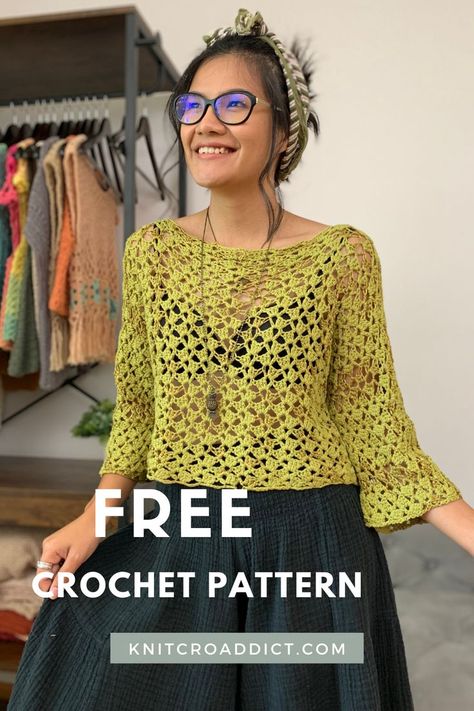 Free crochet top pattern with lace design using the drunken granny crochet stitch. Includes women's sizes XS-XXL Lace Top Patterns, Crochet Blouse Free Pattern, Crochet Blouse Pattern, Summer Top Pattern, Crochet Jumper, Crochet Sweater Pattern Free, Pull Crochet, Crochet Ladies Tops, Crochet Tops Free Patterns