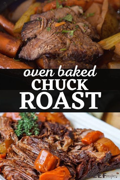 My Oven Baked Chuck Roast Recipe is a perfect family dinner or special occasion meal. It's easy to prep in just 15 minutes, then cooks low and slow in the oven all in one pot. Fall-apart tender and complete with carrots and potatoes, this easy pot roast for dinner is a meal you'll want to make for your family again and again. Oven Baked Chuck Roast, Baked Chuck Roast, Chuck Roast Recipe Oven, Cooking Chuck Roast, Cooking Roast In Oven, Roast Beef Recipes Oven, Food With Meat, Slow Cook Roast, Chuck Roast Recipe