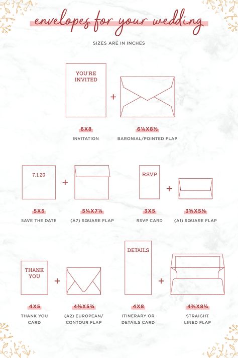 Common Envelope Sizes For Your Wedding Stationery Suite Envelope Sizes Chart, Wedding Envelope Design, Envelope Printing Template, Envelope Size Chart, Wedding Envelope Template, Diy Wedding Invitation Cards, Envelope Design Template, Square Wedding Invitations, Fancy Envelopes