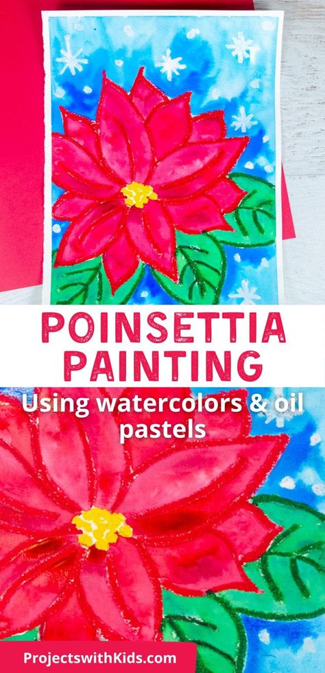 Poinsettia Painting, Poinsettia Art, Watercolor Christmas Art, Christmas Elementary, Easy Kids Christmas, Christmas Art For Kids, Holiday Art Projects, Winter Art Lesson, Art Project For Kids