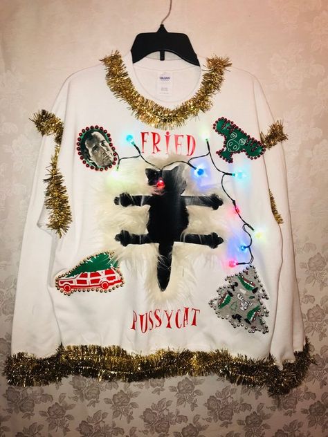 Christmas Vacation Cat, Christmas Vacation Sweaters, Ugly Christmas Sweater Diy Funny, Handmade Lights, Christmas Sweater Outfits, Cat Christmas Sweater, Fancy Sweater, Best Ugly Christmas Sweater, Tacky Sweater