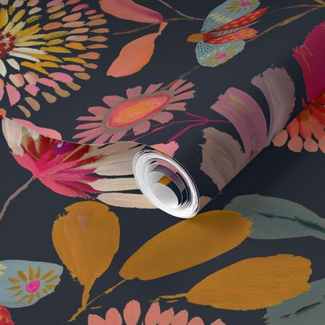 Spoonflower - Discover the Endless Possibilities of... Bold Wallpaper Cloakroom, Funky Floral Wallpaper, Fun Floral Wallpaper, Spoonflower Wallpaper Floral, Peel And Stick Boho Wallpaper, Best Spoonflower Wallpaper, Funky Powder Room Wallpaper, Bold Floral Wallpaper Bathroom, Boho Modern Wallpaper