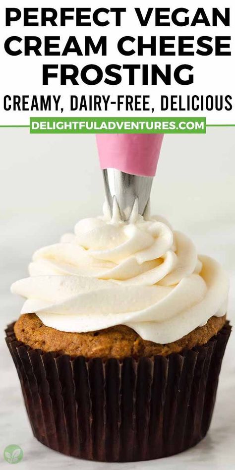 Learn how to make vegan cream cheese frosting that can be piped and is the best for topping or filling cupcakes, carrot cake, cookies, cinnamon rolls, whoopie pies, and more! Yes, it’s possible to make a great dairy-free cream cheese icing is nut-free (that's right, no cashews!). Dairy Free Carrot Cake Frosting, Non Dairy Cream Cheese Frosting, Df Cream Cheese Frosting, Dairy Free Icing For Cupcakes, Lactose Free Cream Cheese Frosting, Lactose Free Frosting, Vegan Icing Frosting, Non Dairy Frosting, Cream Cheese Frosting For Cake