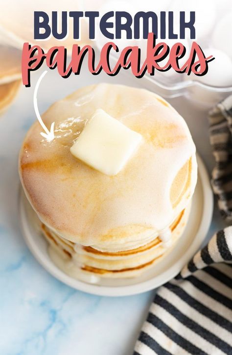 Fluffy beyond your wildest dreams, this easy recipe for homemade buttermilk pancakes will replace Bisquick at your house forever. These pancakes from scratch are easy and much better than bagged mixes. Incredibly fluffy, tender and just the right amount of sweet, these golden bad boys will have you craving pancakes every week. | homemade buttermilk pancake recipe | how to make buttermilk pancakes easy | how to make buttermilk pancakes recipe | buttermilk pancakes from scratch easy Pancakes From Scratch Easy, Buttermilk Pancakes From Scratch, Buttermilk Pancakes Easy, Fluffy Buttermilk Pancake Recipe, Buttermilk Pancake Recipe, Homemade Buttermilk Pancakes, Biscuit Cinnamon Rolls, Homemade Pancakes Fluffy, Buttermilk Pancake