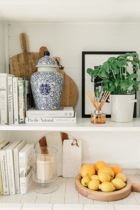 Fruit Display Countertop, Cookbook Shelf Styling, Harlowe James Kitchen, Kitchen Shelves Cookbooks, Styling Cookbooks In Kitchen, Italy Inspired Decor, Lemon Interior Design, How To Style Cookbooks In Kitchen, Open Shelf Kitchen Styling