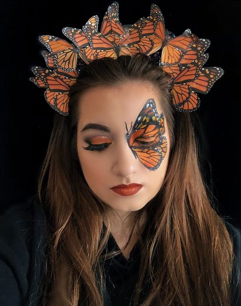 Butterfly Queen Makeup, Butterfly Face Makeup Halloween, Monarch Butterfly Halloween Costume, Monarch Butterfly Costume Women, Butterfly Costume Diy Women, Womens Butterfly Costume, Halloween Butterfly Makeup, Monarch Makeup, Butterfly Makeup Easy