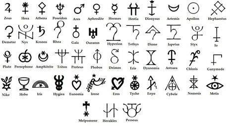 Chart with symbols for Hellenic Gods. Symbol For Goddess, Greek Gods Chart, Symbols For Aphrodite, Thanatos Symbol, Symbol For Aphrodite, Greek Mythology Tattoos With Meaning, Greek God Symbols Tattoo, Dionysus Tattoo Symbol, Nyx Goddess Sigil